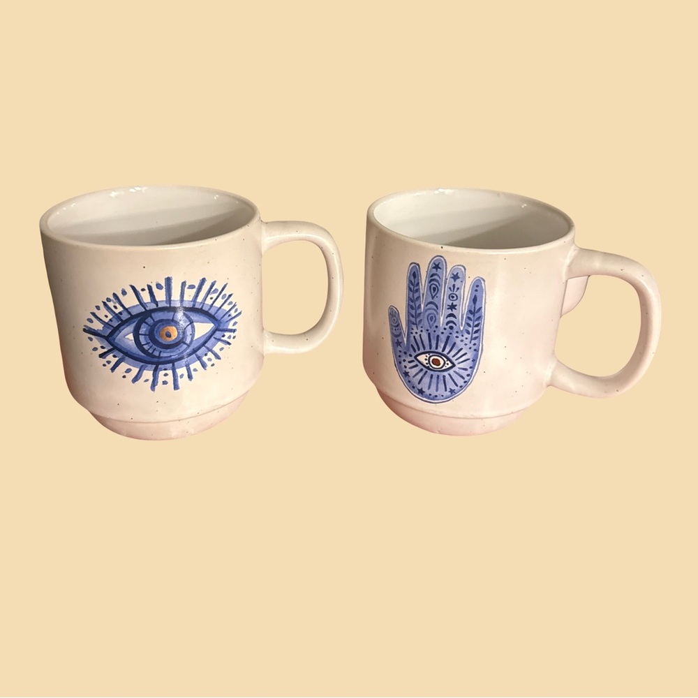 Handcrafted Ceramic Mugs with Blue Eye and Hand Design